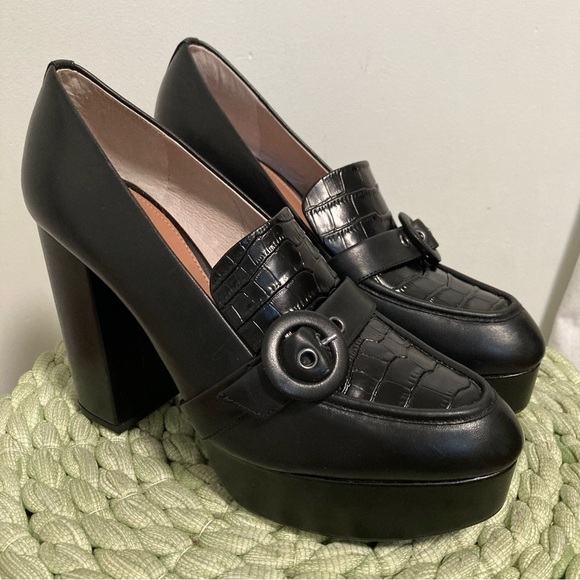 NWOB Gianni Bini Black Leather Croc Embossed Chunky Platform Heel 90’a Loafers - Picture 3 of 8